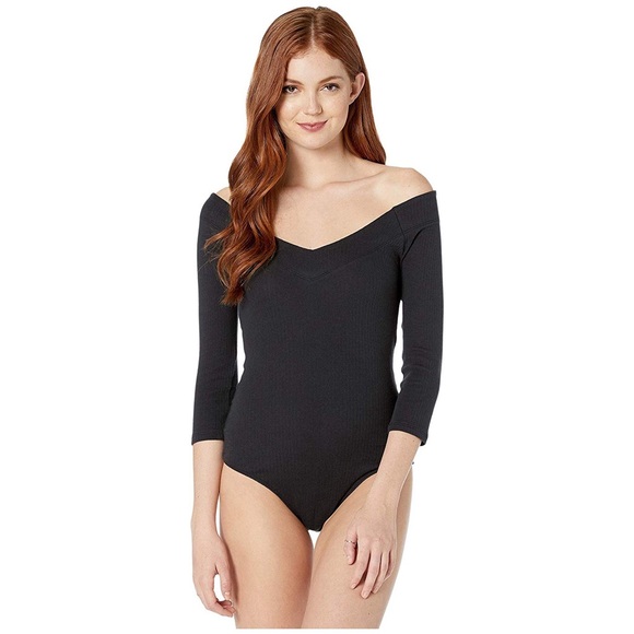 Free People Ribbed Bardot V-Neck Bodysuit in Black Size Small - Picture 4 of 11